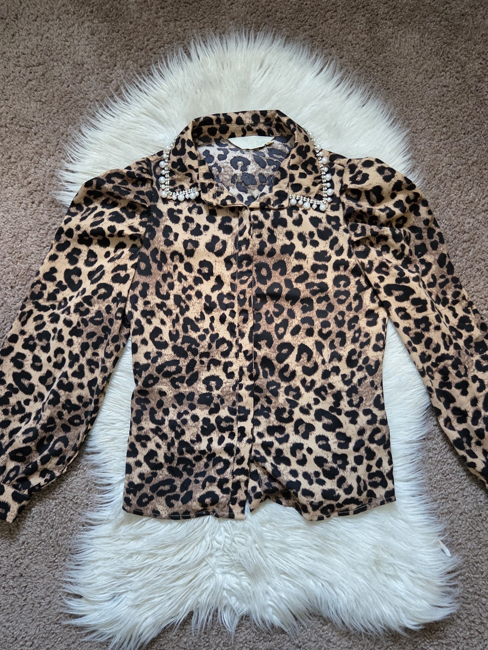 Leopard Print Blouse With Embellished Collar